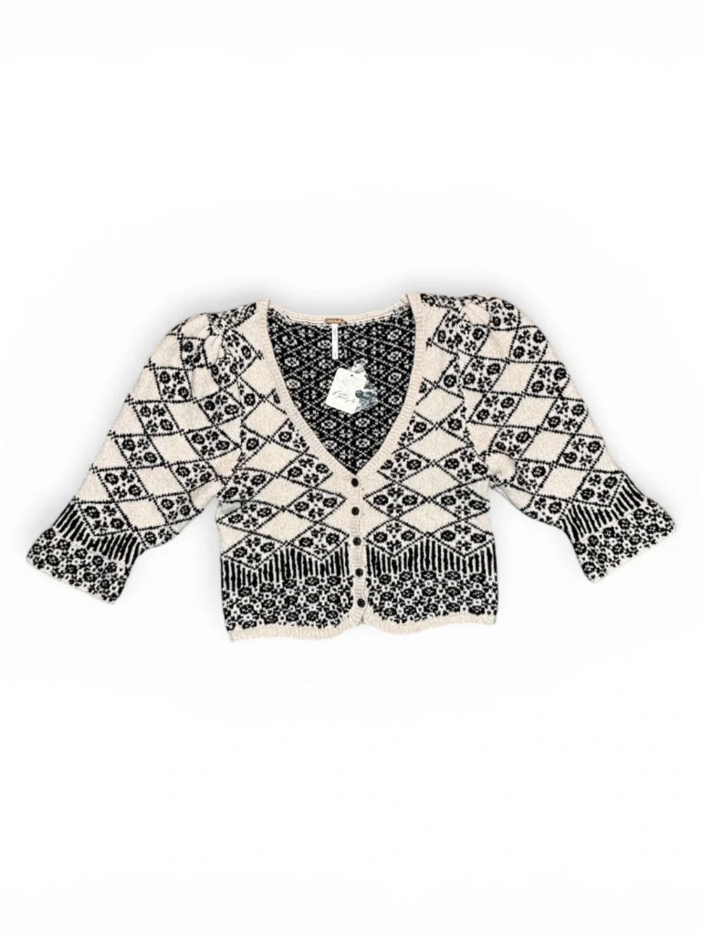 FREE PEOPLE GEO FLORAL KNIT CARDIGAN BLACK CREAM CROPPED BOHO **NWT** - Picture 4 of 15
